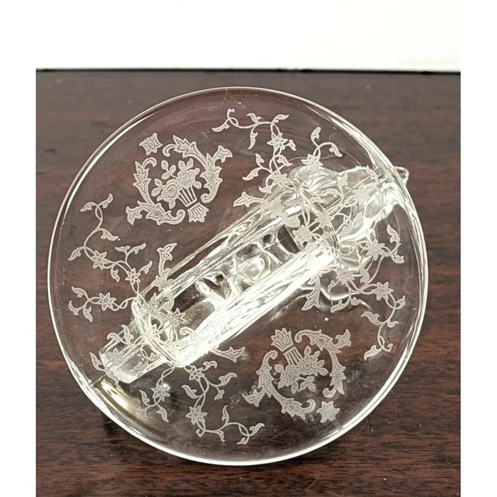 Vintage Clear Glass Cornucopia Candlestick Etched Floral UV Reactive Glows 4.25